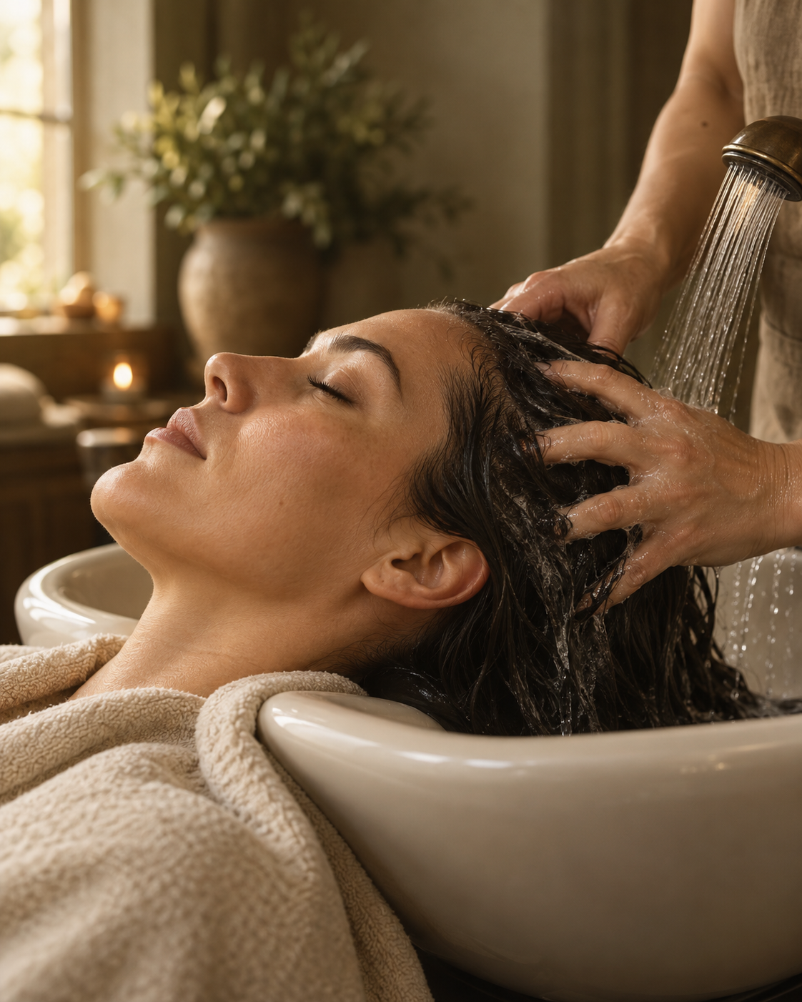 An editorial illustration of a relaxing scalp massage and rinse in warm window light