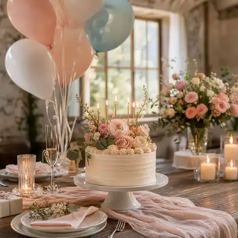 Elegant birthday party details with cake and warm table styling