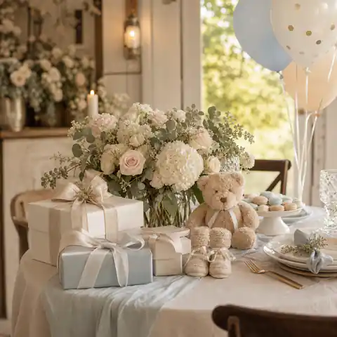 Soft baby shower table styling with florals and wrapped gifts