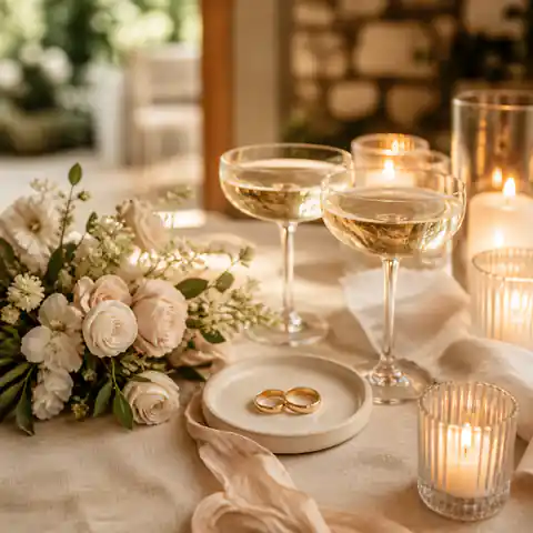 Intimate wedding detail styling with rings, florals, and candlelight