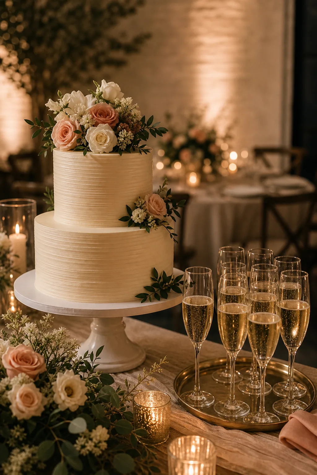 Wedding cake and champagne setup at Cottage 616
