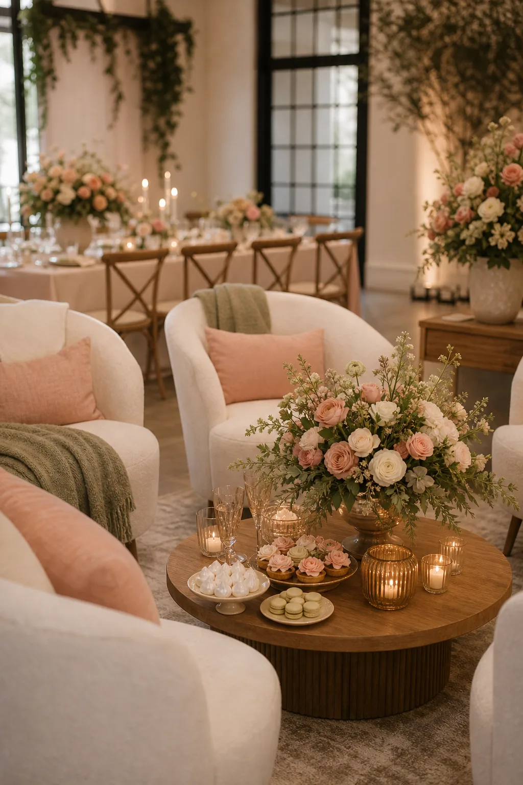 Elegant bridal shower lounge setup at Cottage 616