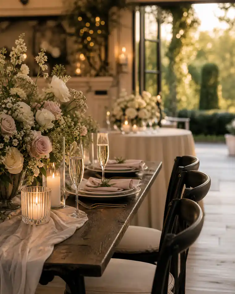 Elegant intimate event setup with florals, candles, and table styling